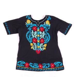 OmJa World Embroidered Blouse Boho Floral Tunic Top Size M Black